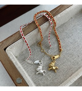 SATN122100003 S925純銀新年氛圍感獨特小馬紅繩手鏈女簡約氣質本命年生肖手飾