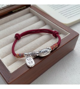 SATN122100006 S999足銀招財納福可愛貓咪紅繩手鏈女新中式國風設計簡約輕奢手飾