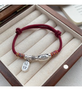 SATN122100006 S999足銀招財納福可愛貓咪紅繩手鏈女新中式國風設計簡約輕奢手飾