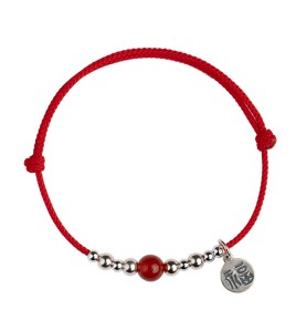SATN122100011 S925純銀福字圓牌紅繩手鏈女銀珠紅瑪瑙氣質手環本命年中國風手飾