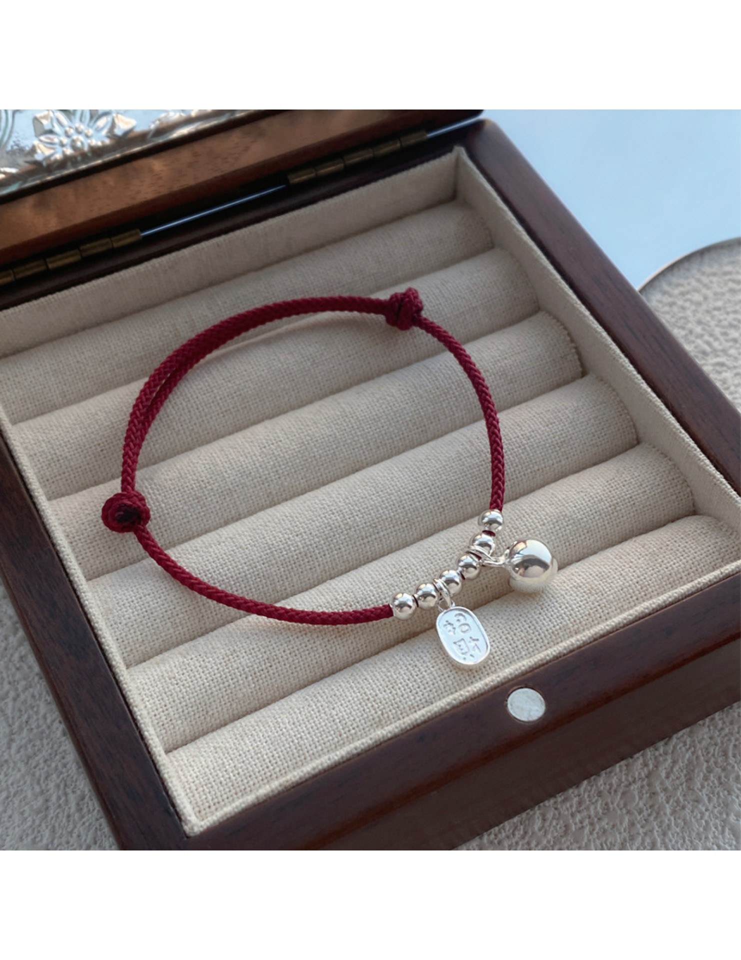 SATN122100022 S925純銀招財納福圓珠紅繩手鏈女簡約輕奢新中式國風設計串珠手環