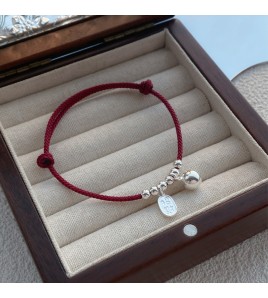 SATN122100022 S925純銀招財納福圓珠紅繩手鏈女簡約輕奢新中式國風設計串珠手環