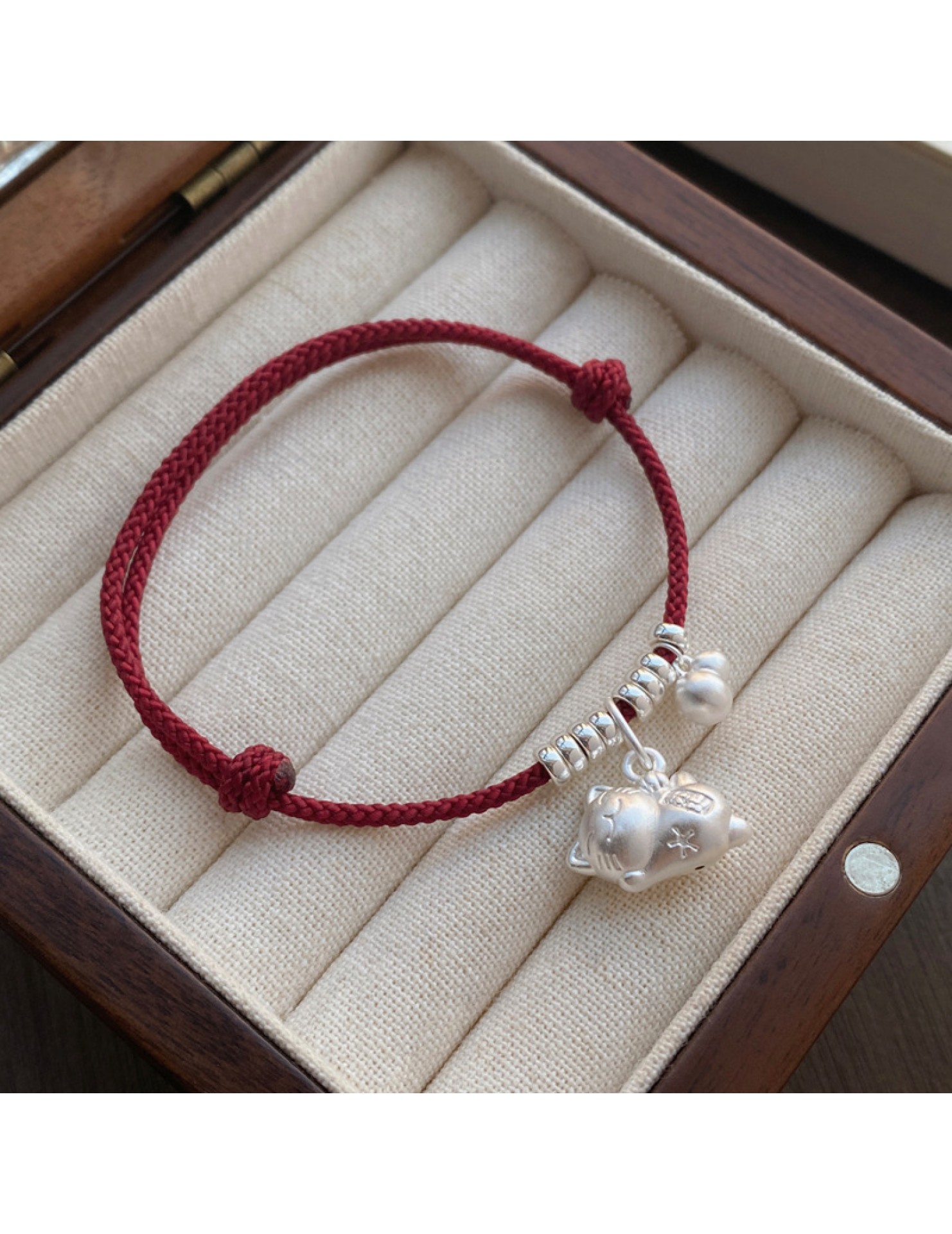 SATN122100024 S925純銀招財貓咪葫蘆紅繩手鏈輕奢小眾精致國風新年創意編織手鏈