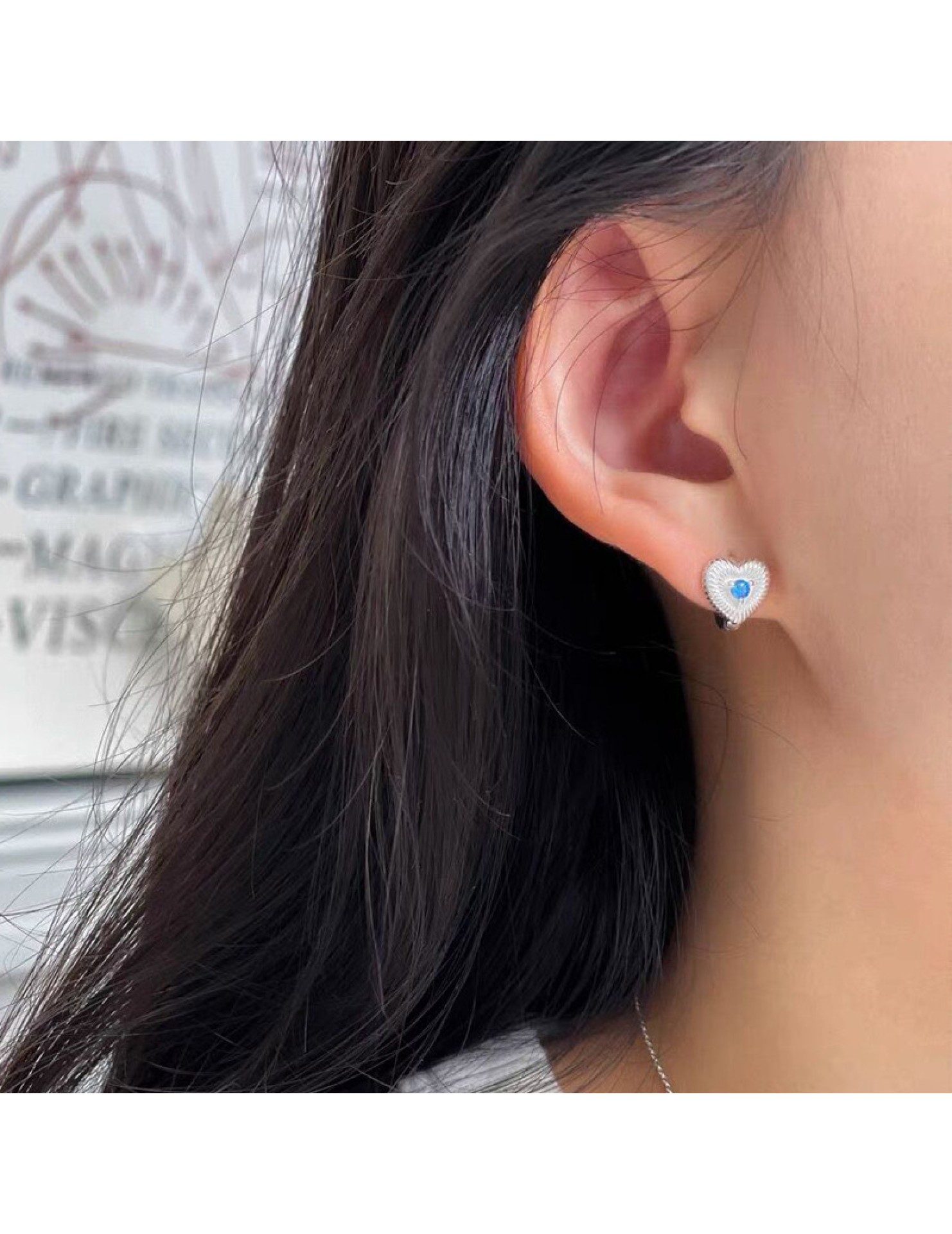 SATN122E100072 S925純銀豎紋愛心耳環女海洋之心藍鉆心形耳扣高級感氣質小眾耳釘
