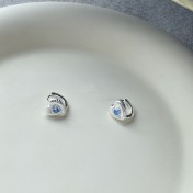 SATN122E100072 S925純銀豎紋愛心耳環女海洋之心藍鉆心形耳扣高級感氣質小眾耳釘