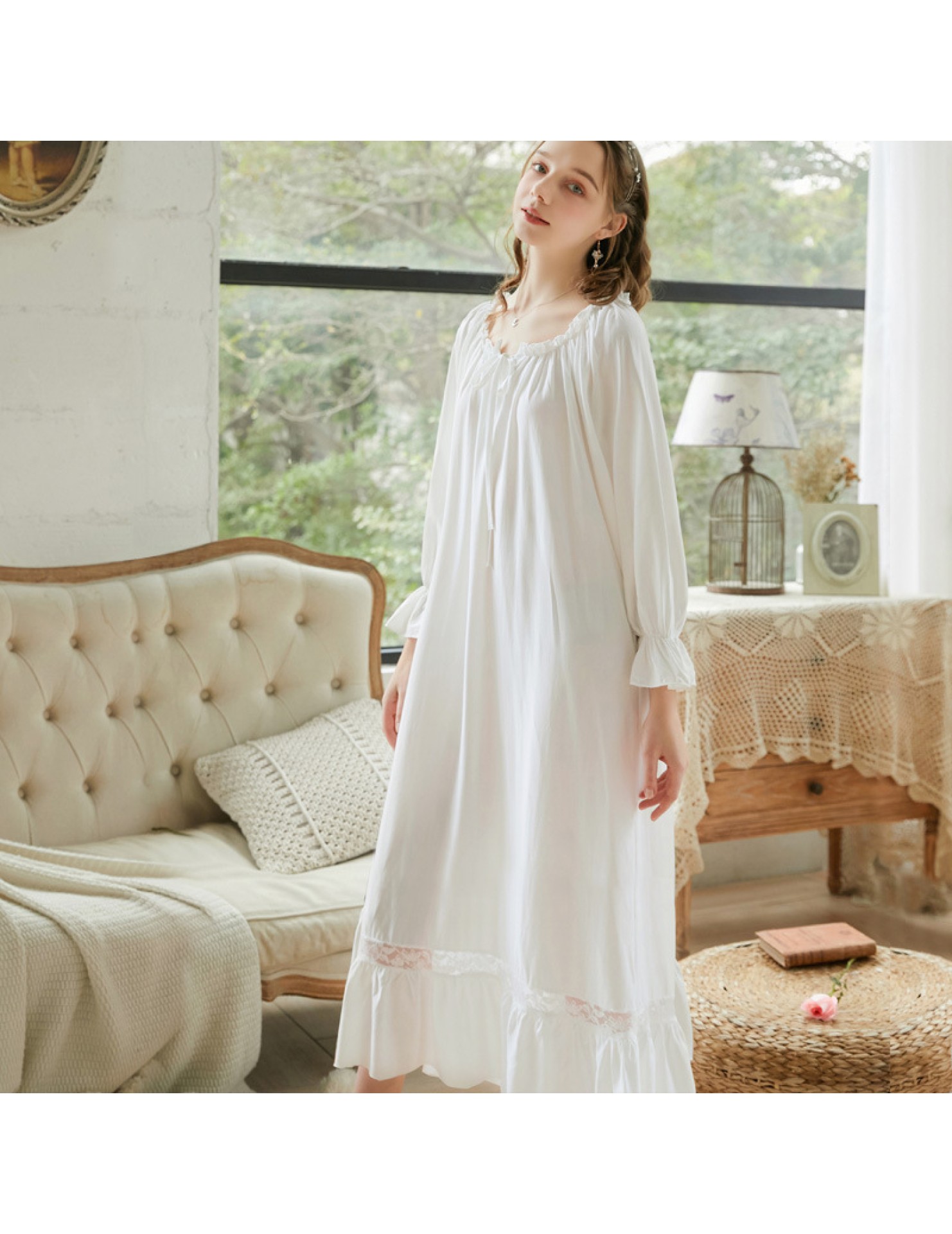 TCLN122100001 睡裙純色長袖長裙新款女寬松大碼長款春秋睡衣家居裙