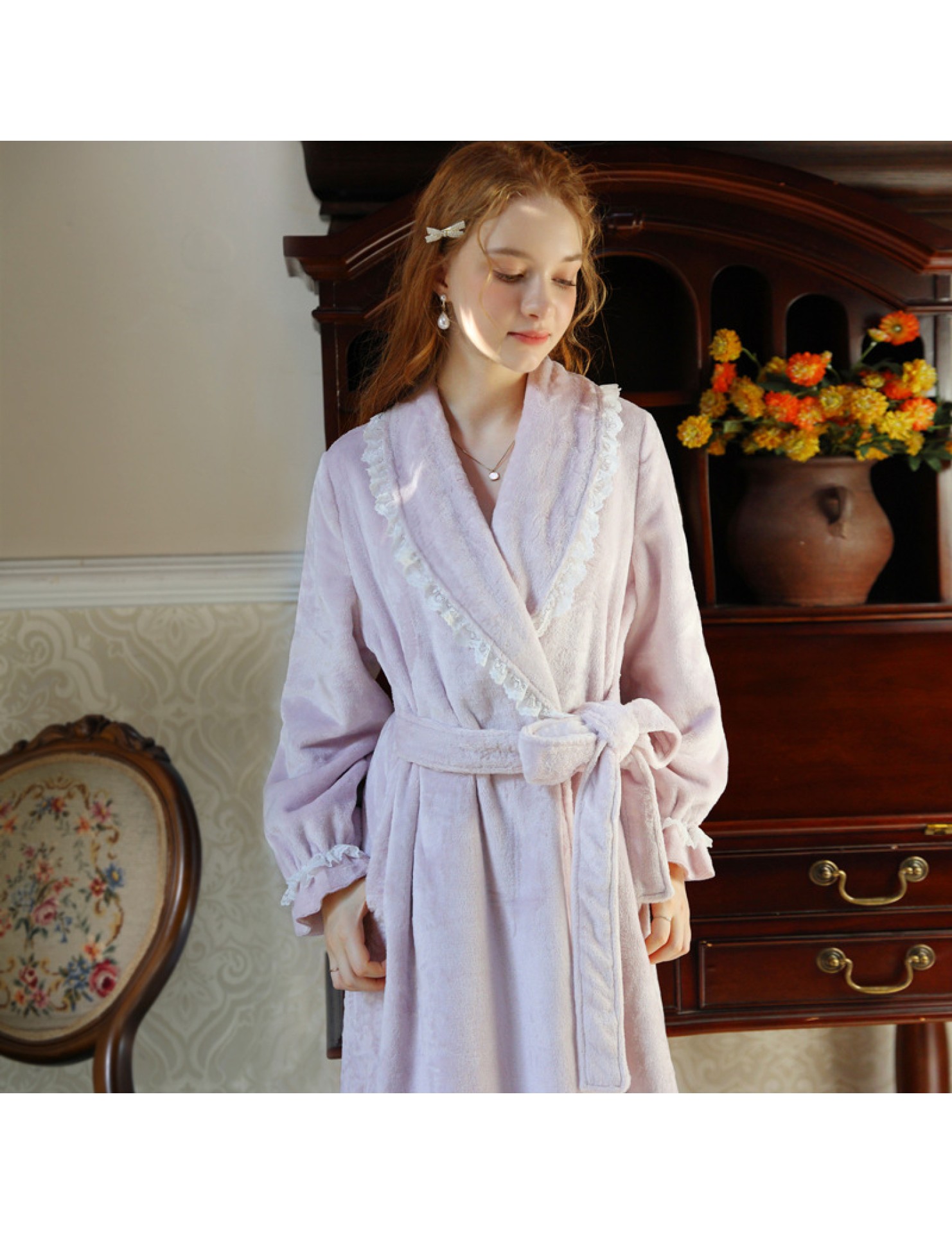 TCLN122100004 加絨加厚睡袍女秋冬公主長款浴袍法式高級感保暖晨袍少女長袖睡衣