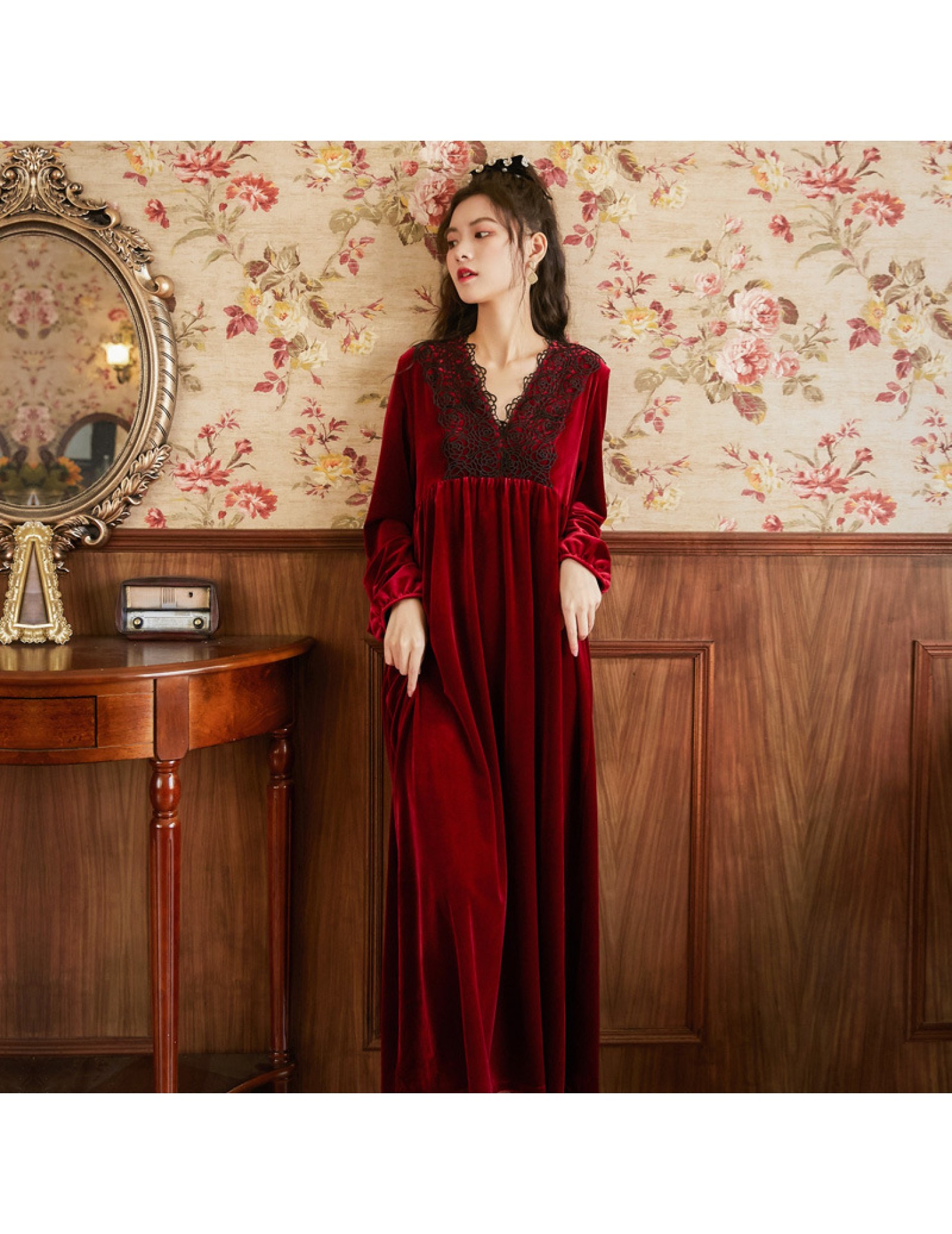 TCLN122100005 長袖新款睡裙女春秋冬宮廷風長裙保暖黑色睡衣外穿修身大碼家居服