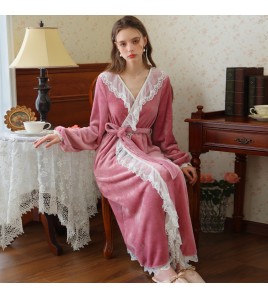 TCLN122100006 秋冬性感蕾絲睡袍絨睡衣女宮廷風法式復古長袖長款加厚保暖家居服