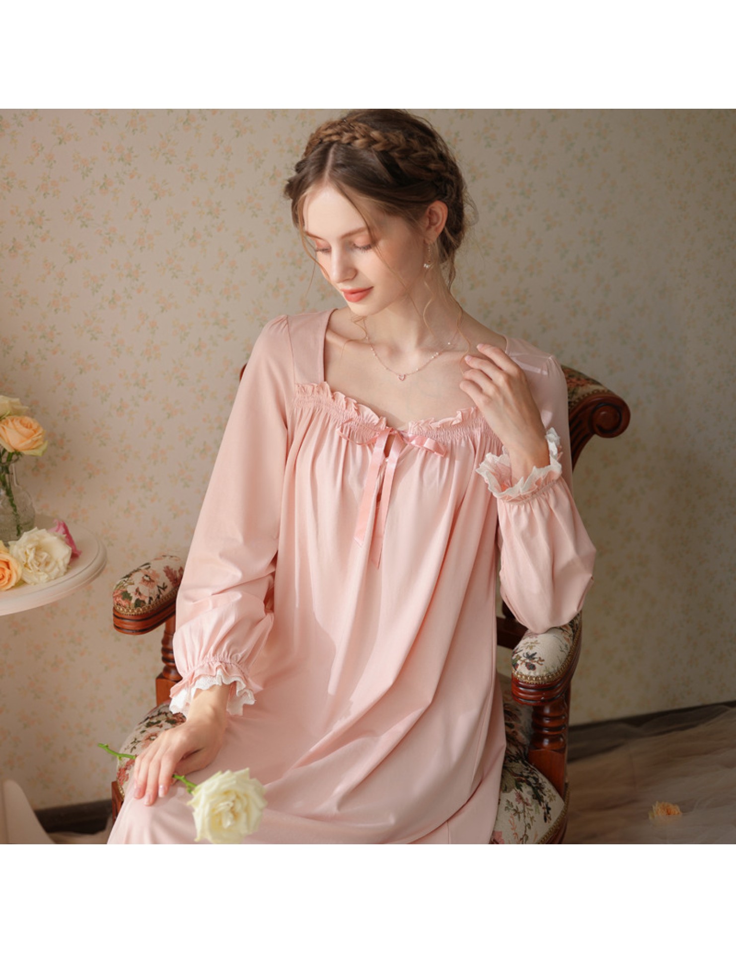 TCLN122100007 長袖睡裙女春秋宮廷風公主復古蕾絲甜美長款家居服寬松大碼睡衣