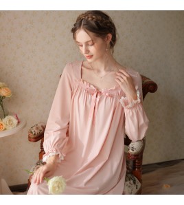 TCLN122100007 長袖睡裙女春秋宮廷風公主復古蕾絲甜美長款家居服寬松大碼睡衣