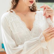 TCLN122100010 長袖睡裙少女春秋復古宮廷風公主性感蕾絲V領長款睡衣家居服