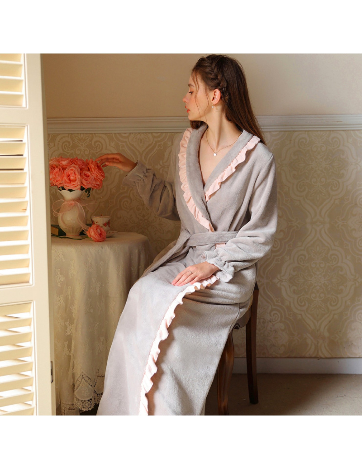 TCLN122100012 秋冬寬松復古宮廷絨睡袍少女厚長袖長款公主加厚保暖家居服絨睡衣