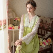 TCLN122100015 新款睡衣法式高級感蕾絲春秋長款網紗刺繡長袖V領性感睡裙