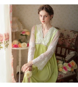 TCLN122100015 新款睡衣法式高級感蕾絲春秋長款網紗刺繡長袖V領性感睡裙