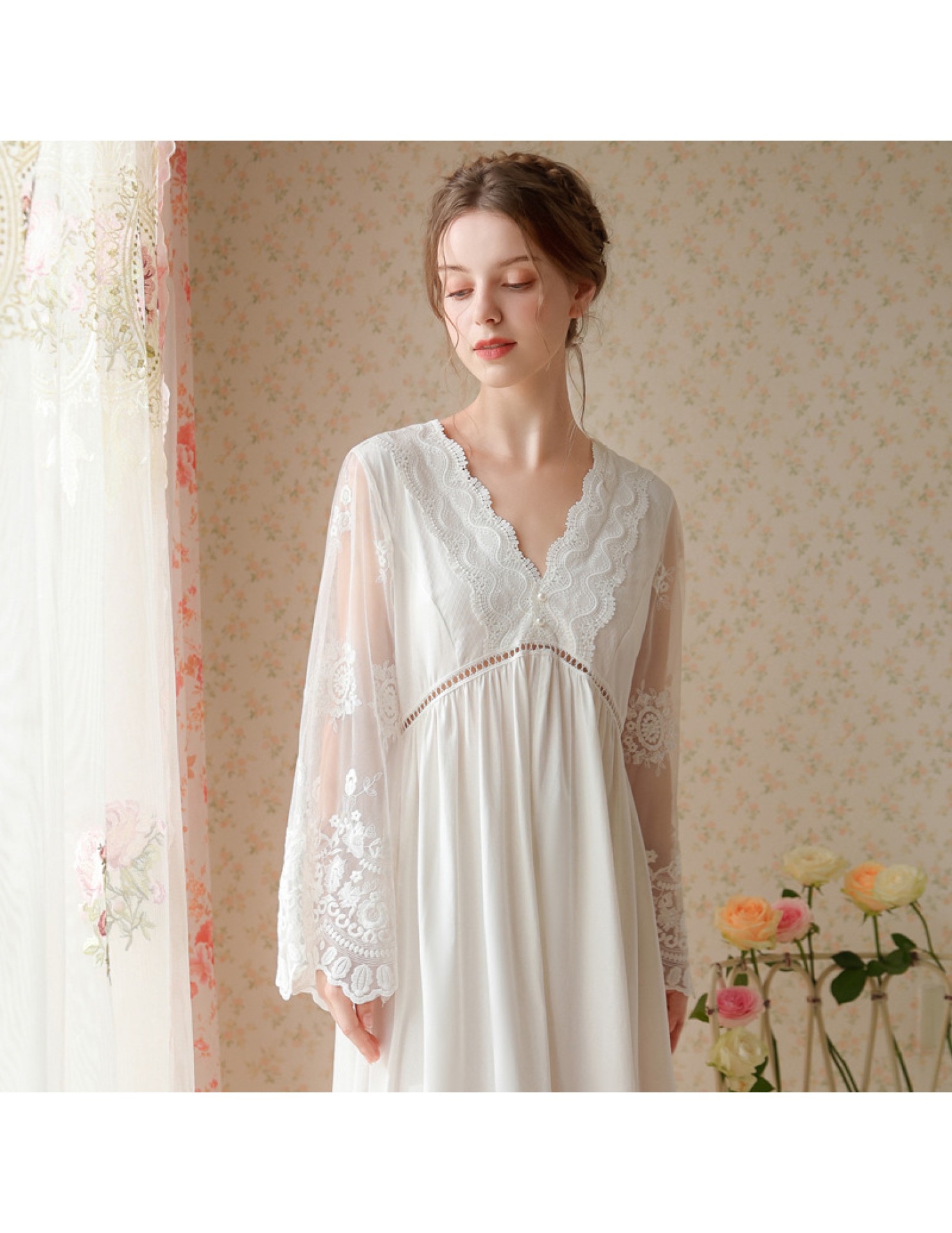 TCLN122100015 新款睡衣法式高級感蕾絲春秋長款網紗刺繡長袖V領性感睡裙