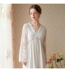 TCLN122100015 新款睡衣法式高級感蕾絲春秋長款網紗刺繡長袖V領性感睡裙