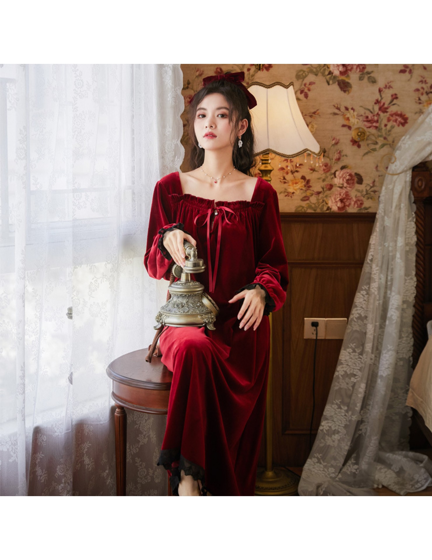 TCLN122100016 長袖加絨睡裙女秋冬宮廷風紅色絨保暖睡衣可外穿寬松長裙厚家居服