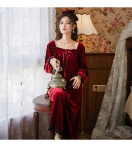 TCLN122100016 長袖加絨睡裙女秋冬宮廷風紅色絨保暖睡衣可外穿寬松長裙厚家居服
