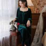 TCLN122100016 長袖加絨睡裙女秋冬宮廷風紅色絨保暖睡衣可外穿寬松長裙厚家居服