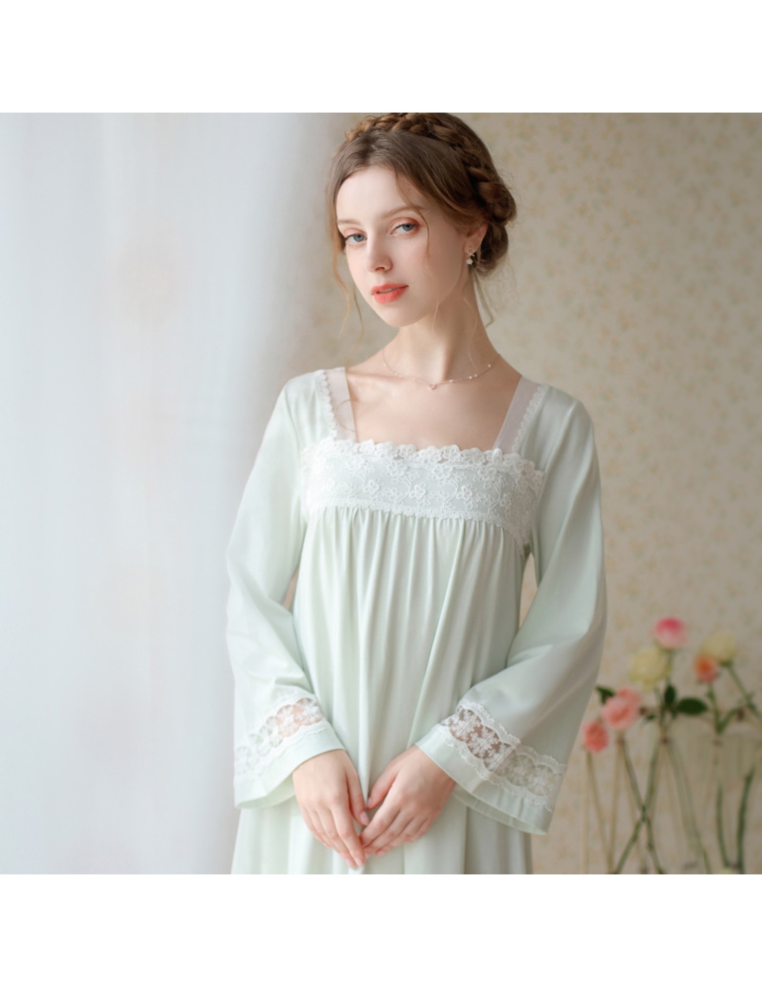 TCLN122100017 漢服睡衣女春秋薄款長袖蕾絲古風國甜美長裙方領少女寬松長款睡裙