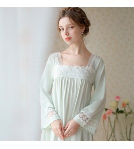 TCLN122100017 漢服睡衣女春秋薄款長袖蕾絲古風國甜美長裙方領少女寬松長款睡裙