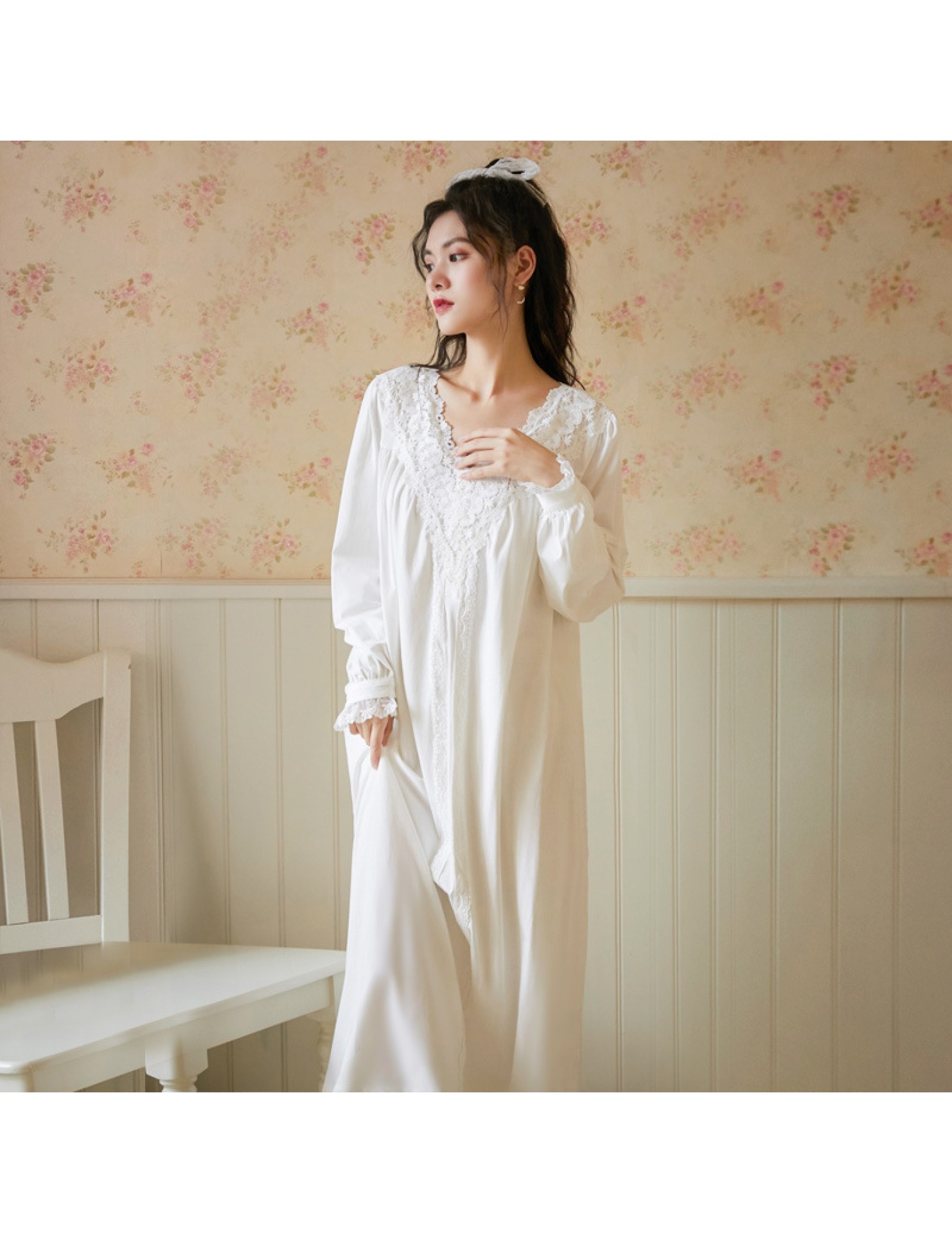 TCLN122100018 長袖睡裙女春秋宮廷風復古甜美公主寬松家居服大碼可外穿新款睡衣