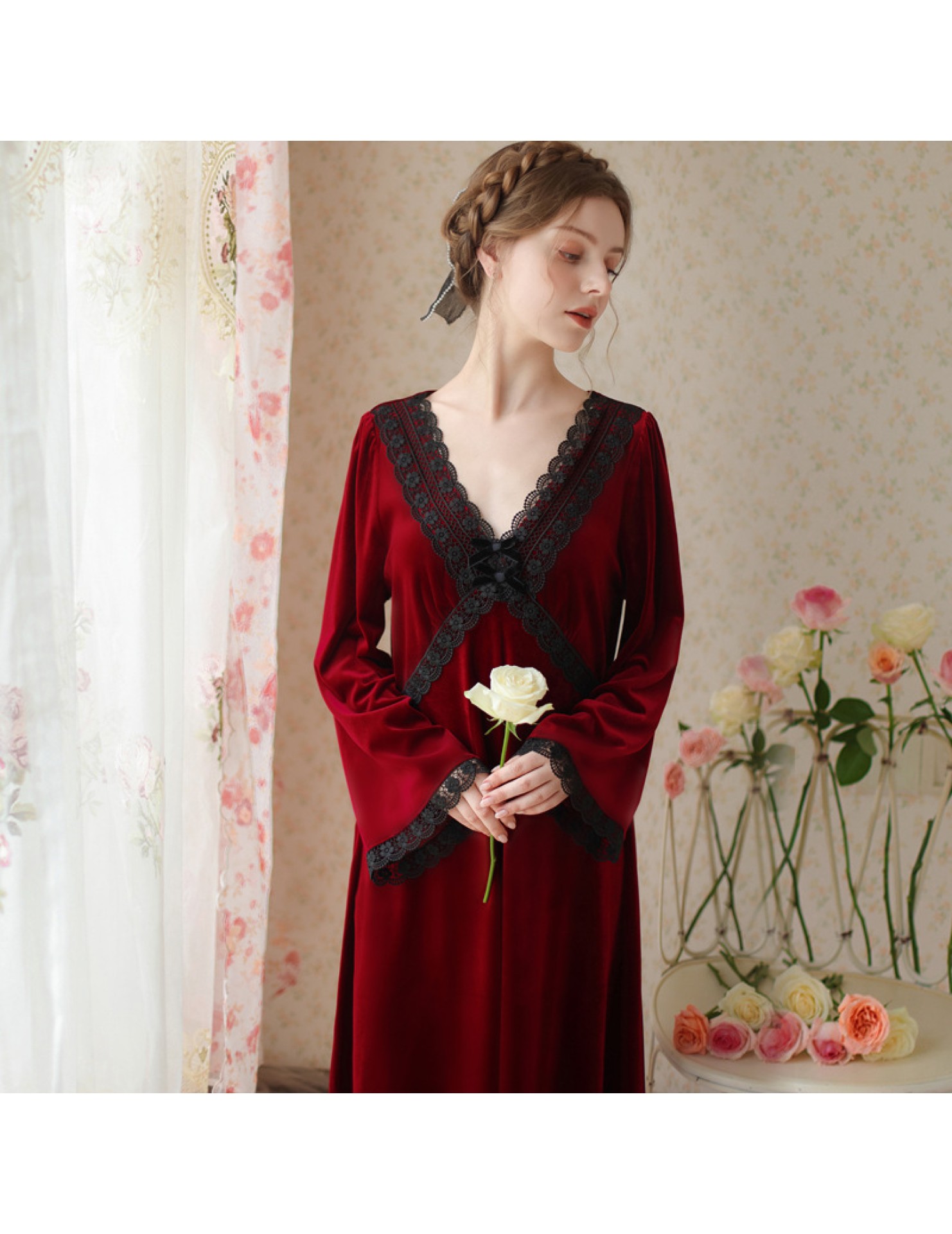 TCLN122100020 新品法式秋冬季長款紅色絨仙女睡衣厚款寬松喇叭袖家居服長睡裙女