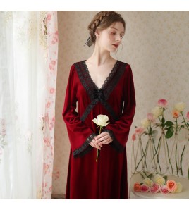 TCLN122100020 新品法式秋冬季長款紅色絨仙女睡衣厚款寬松喇叭袖家居服長睡裙女