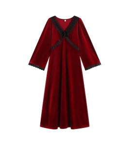 TCLN122100020 新品法式秋冬季長款紅色絨仙女睡衣厚款寬松喇叭袖家居服長睡裙女