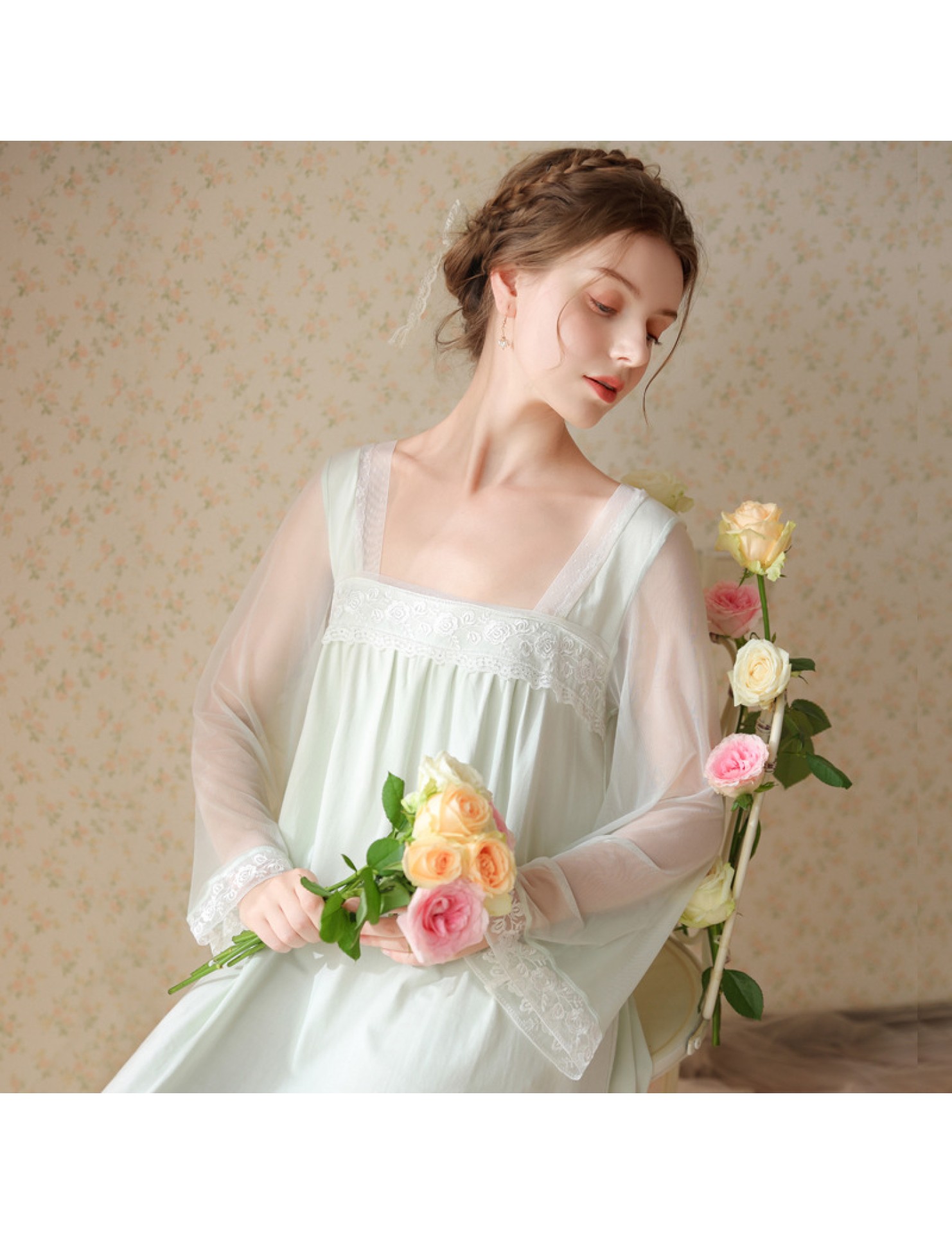 TCLN122100022 長袖睡裙少女春秋復古宮廷風公主性感蕾絲方領長款睡衣外穿家居服