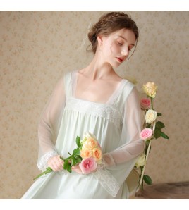 TCLN122100022 長袖睡裙少女春秋復古宮廷風公主性感蕾絲方領長款睡衣外穿家居服