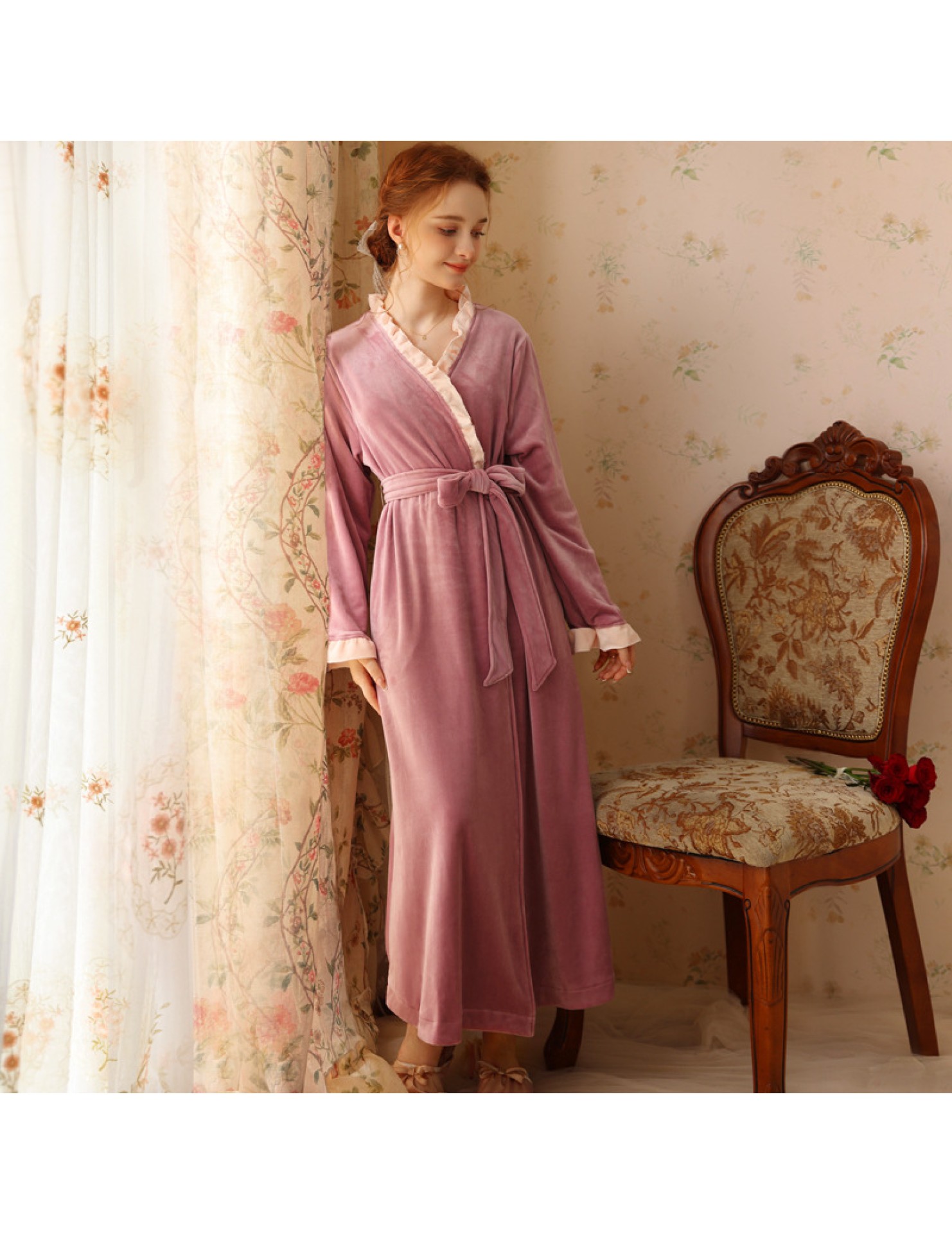 TCLN122100023 絨睡袍少女秋冬加厚浴袍長款甜美性感法式公主長款睡衣保暖家居服