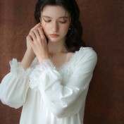 TCLN122100024 睡裙春秋季長袖長裙甜美法式宮廷公主蕾絲少女睡衣家居