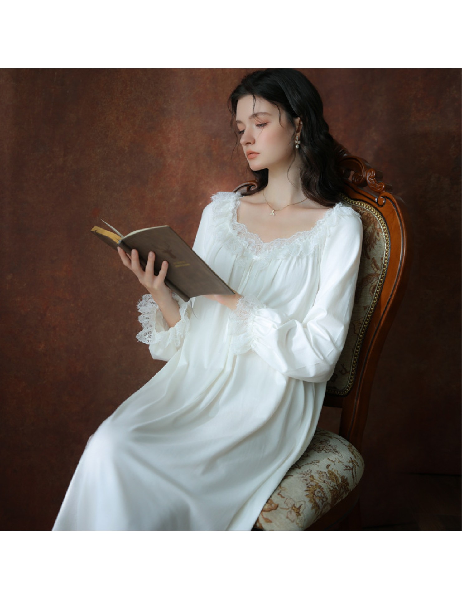 TCLN122100024 睡裙春秋季長袖長裙甜美法式宮廷公主蕾絲少女睡衣家居