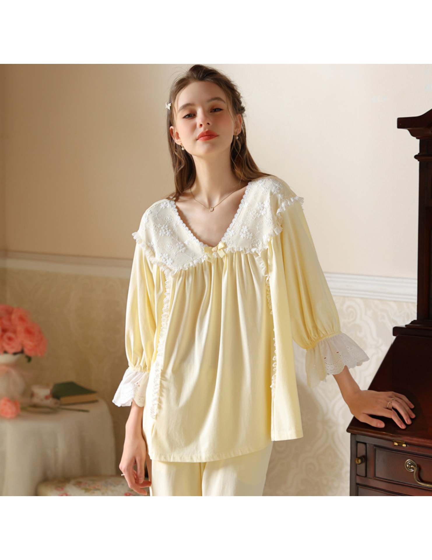 TCLN122100025 睡衣春秋新款長袖V領套裝寬松家居服法式復古公主風長褲甜美少女