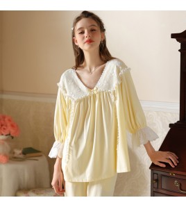 TCLN122100025 睡衣春秋新款長袖V領套裝寬松家居服法式復古公主風長褲甜美少女