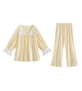 TCLN122100025 睡衣春秋新款長袖V領套裝寬松家居服法式復古公主風長褲甜美少女