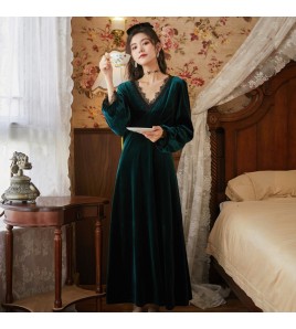 TCLN122100027 長袖加絨睡裙女冬宮廷風長裙保暖紅色絨睡衣外穿修身大碼家居服春