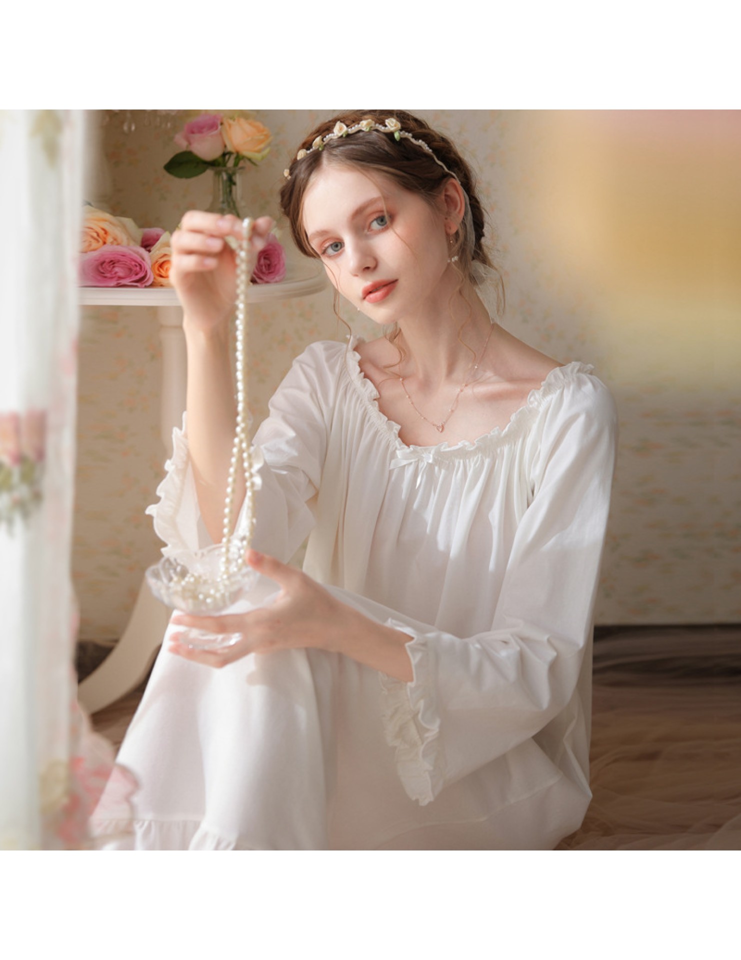 TCLN122100028 法式春秋長款睡衣少女長袖薄款寬松大碼家居服睡裙