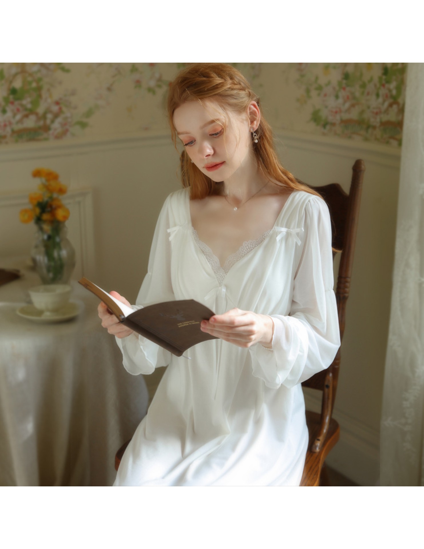 TCLN122100029 公主睡裙女春秋長袖長款蕾絲性感法式宮廷復古睡衣連衣裙帶胸墊