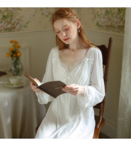 TCLN122100029 公主睡裙女春秋長袖長款蕾絲性感法式宮廷復古睡衣連衣裙帶胸墊