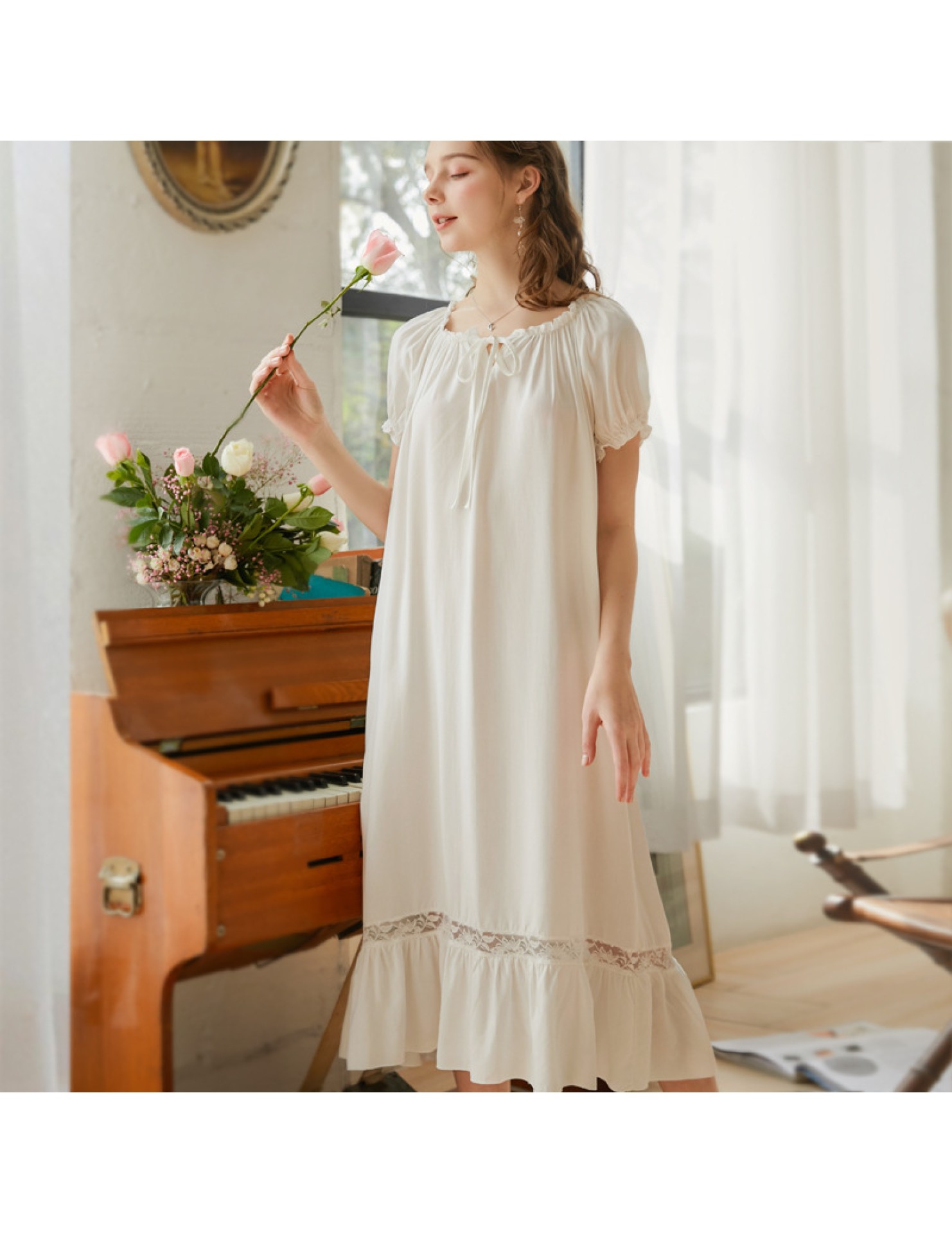 TCLN122100030 短袖睡裙新品棉女夏長裙寬松可愛宮廷甜美公主風廠家睡衣家居