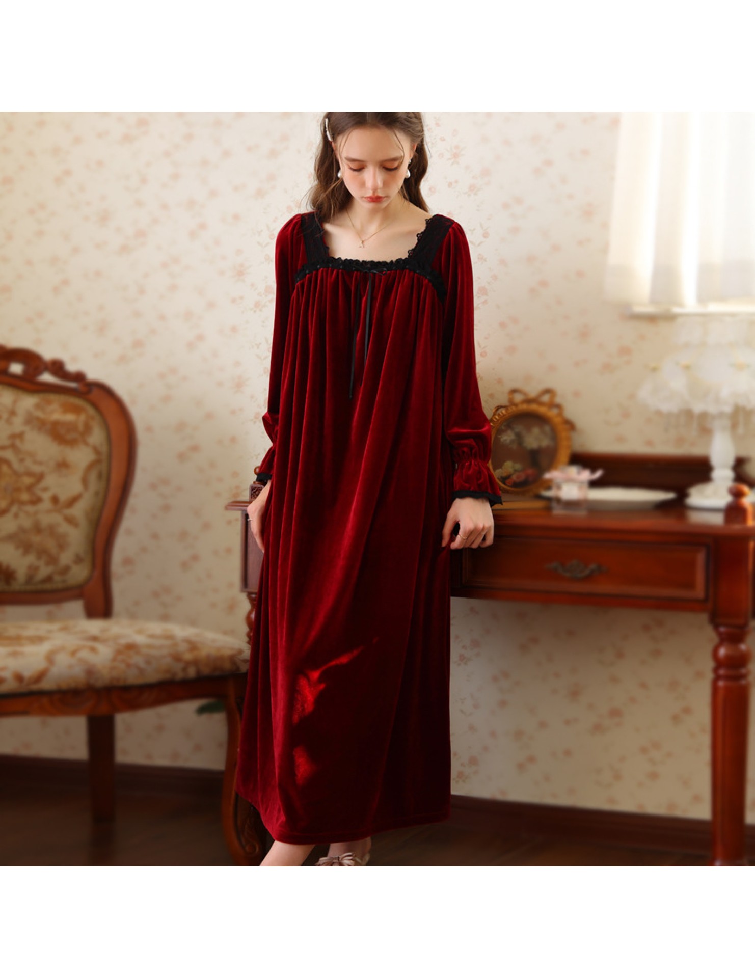 TCLN122100031 睡裙秋冬長袖長款加絨保暖黑色蕾絲女寬松大碼睡衣裙