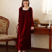 TCLN122100031 睡裙秋冬長袖長款加絨保暖黑色蕾絲女寬松大碼睡衣裙