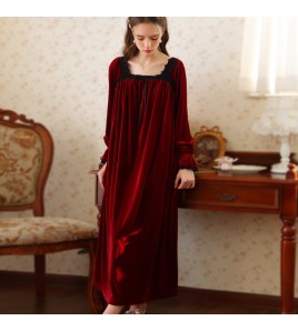 TCLN122100031 睡裙秋冬長袖長款加絨保暖黑色蕾絲女寬松大碼睡衣裙