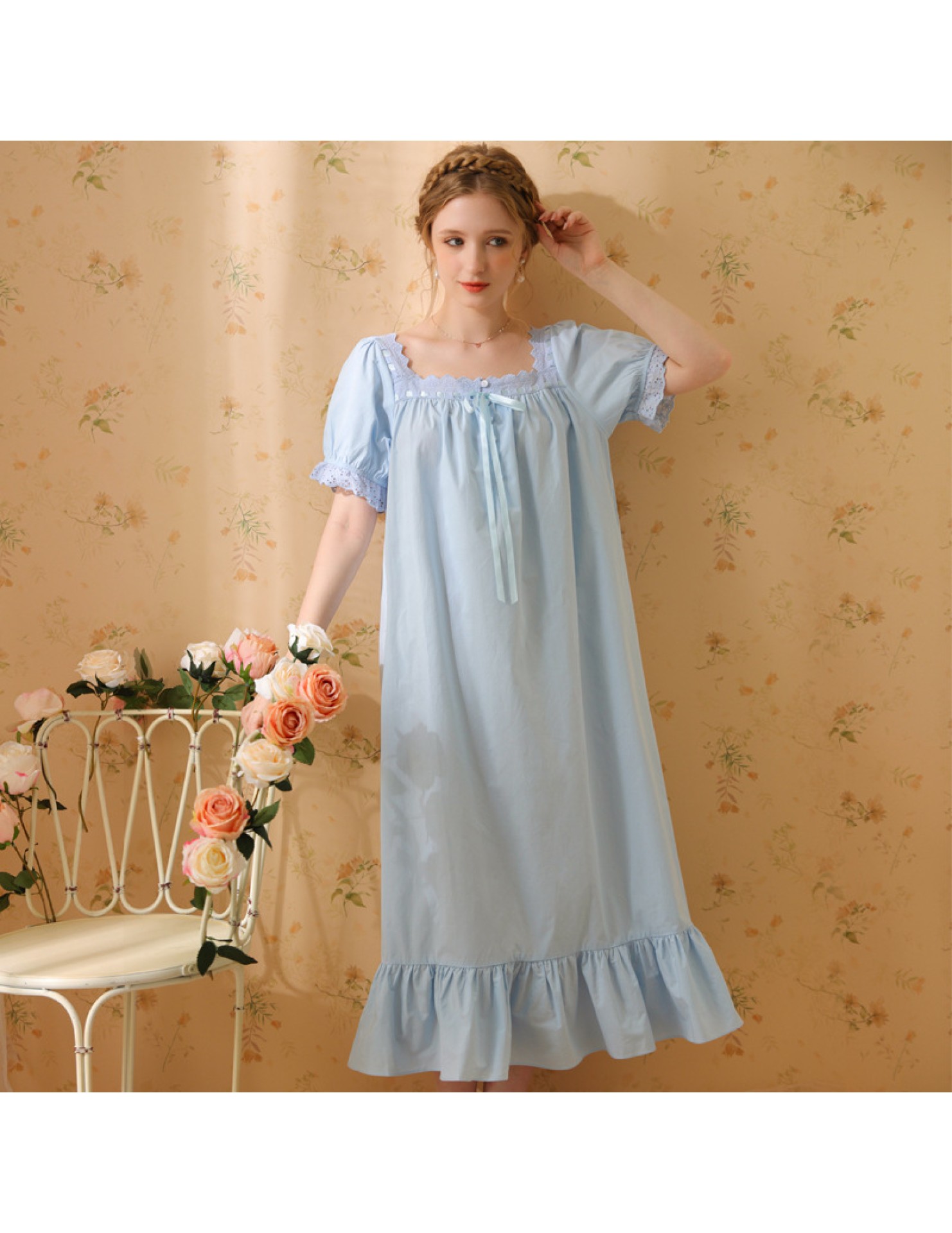 TCLN122100032 新款宮廷風睡裙少女夏長款性感復古法式公主短袖長款寬松睡衣