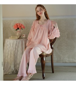 TCLN122100037 春秋睡衣長袖寬松甜美法式公主宮廷風長褲少女套裝蕾絲舒服家居