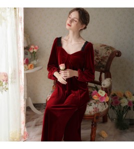 TCLN122100041 法式長款睡裙秋冬紅色絨厚款宮廷長袖性感女加絨睡衣