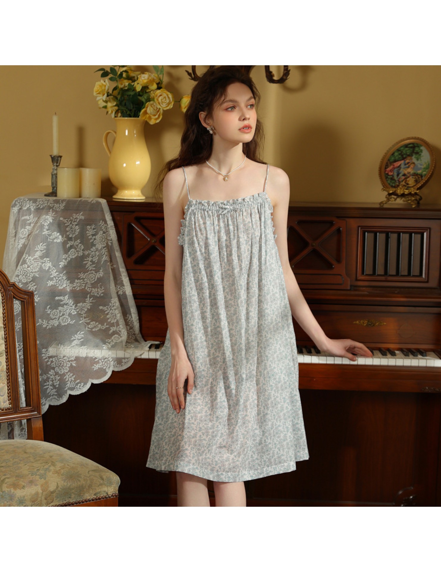 TCLN122100044 吊帶睡裙夏季新款薄款歐美印花度假風甜美居家棉短裙少女短款睡衣